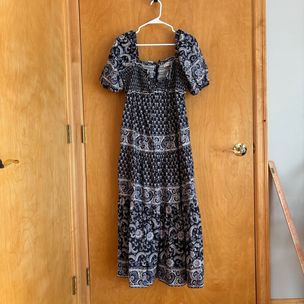 Sea‎ New York Women's Black Paisley Print Smocked Midi Dress Puff Sleeve